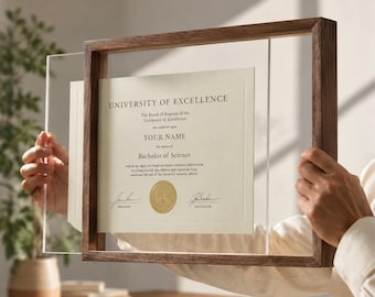 Diplomrahmen aus massivem Walnussholz mit transparentem Acrylglas, schwebender Wandhalter für Urkunden und Fotos aus Teakholz, ideales Abschlussgeschenk zur Präsentation von Zeugnissen und Auszeichnungen