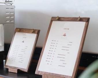 Menyhållare i massiv valnöt, mässingsklämma, skyltstativ för café, bar och restaurang