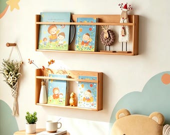 Kinderzimmer Bücherregal Massiv Kirsche, Montessori Kinder Bücherregale, Bücherregal aus Eiche Natur, Kinderzimmer Wandregal, Kleinkind Möbel