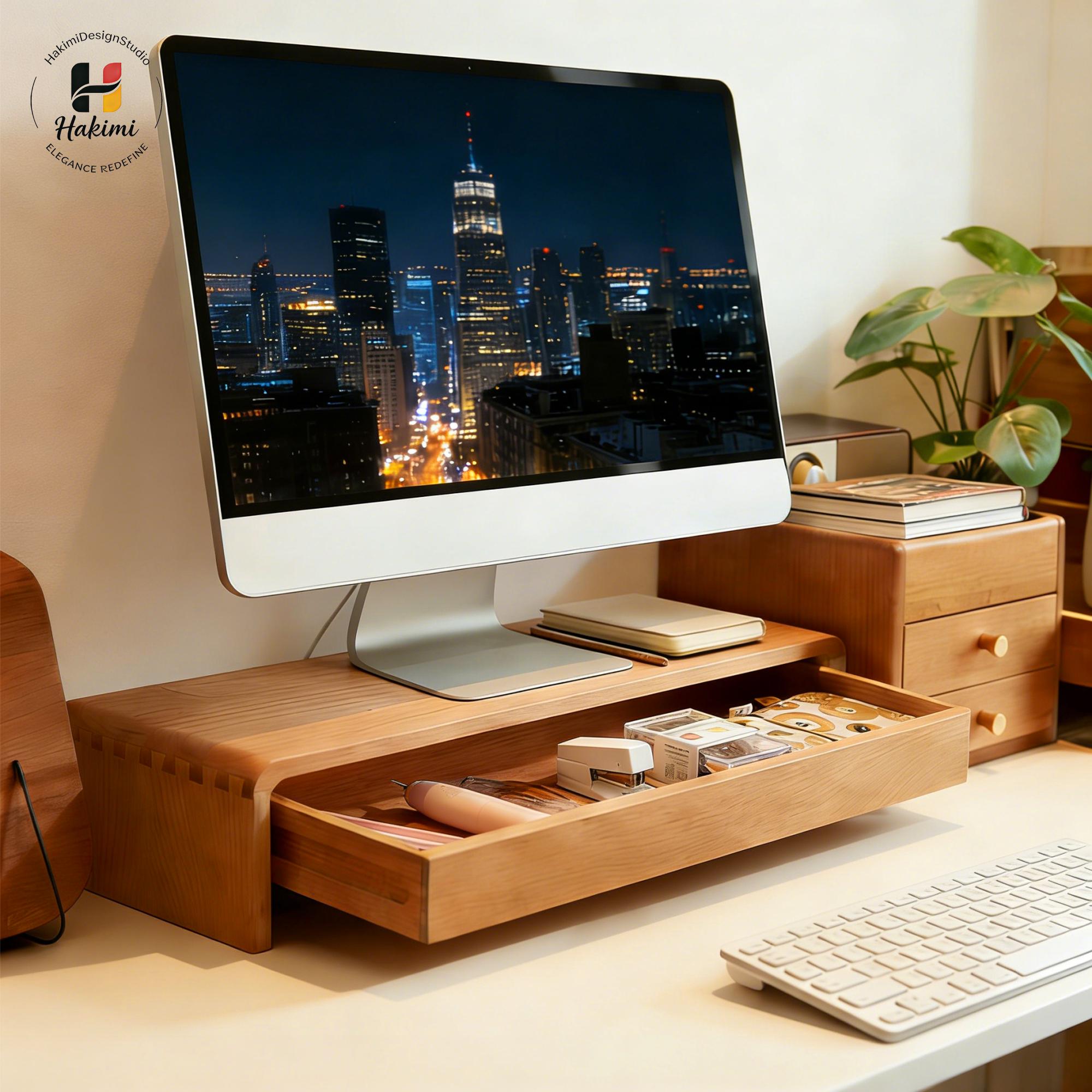 Solid Cherry Wood Monitor Stand With Drawer, Walnut Desk Riser ...
