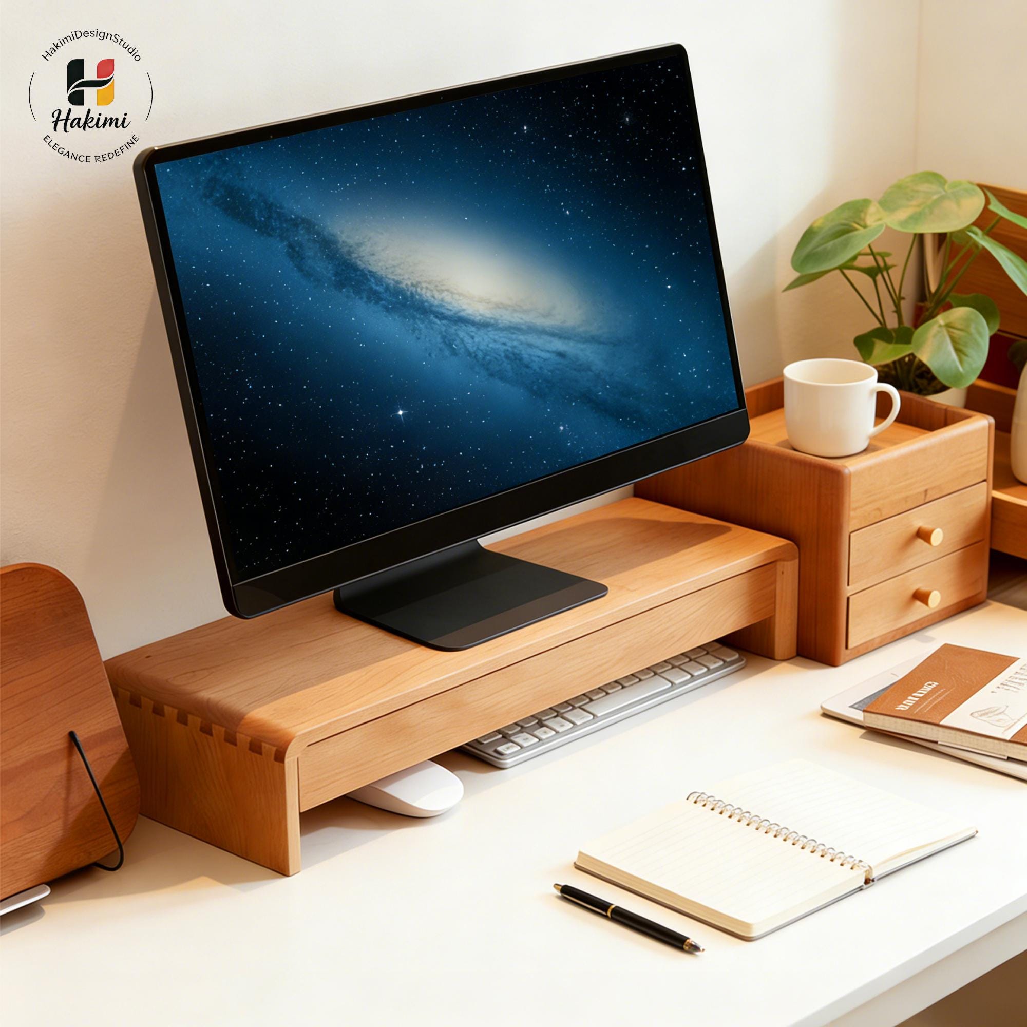 Solid Cherry Wood Monitor Stand With Drawer, Walnut Desk Riser ...