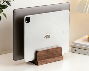 Walnussholz Laptopständer, Vertikaler Holzhalter, Dual Slot Desktop Organizer, iPad Ständer