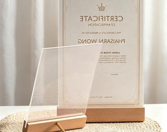 Minimalist Walnut Beech Wood Display Frame, Personalized Desktop Acrylic Photo Stand, Custom Engraved Holder for Certificate Diploma Menu