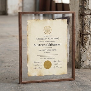May include: A rectangular wooden floating frame containing a cream-colored certificate with deckled edges. The document features the text Certificate of Achievement, a gold seal, and placeholders for university name, student name, and year.