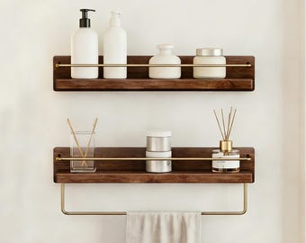 Badezimmer Wandregal mit Handtuchhalter, Walnuss schwebendes Regal, Handtuchhalter aus Messing, Badezimmer Organizer, Wandregal