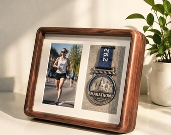 Solid Walnut Medal&Photo Display Frame Wall Mount, Handmade Sports Awards Organizer, Wooden Tabletop Shadow Box , Gifts for Runner