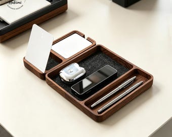 Solid Walnut Desk Organizer Tray,Catchall Valet Tray for  EDC Accessories,Nightstand Storage,To Do List Stand,Gift for Men
