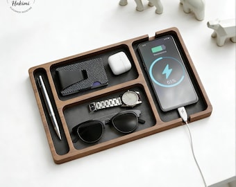 Massivholz Valet Tablett, Schreibtisch Organizer mit Ladeanschluss, Nachttisch Catch-all, Geschenk für Papa Ihn