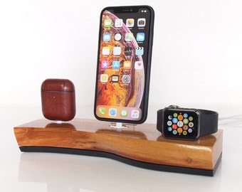 Live edge docking station - Apple Watch / iPhone / AirPods dock with live edge, Apple Watch nightstand, handmade quality, Apple organizer