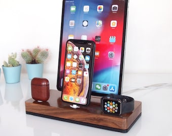 Premium charging station handmade from walnut hardwood, Apple Watch dock, iPhone dock, iPad dock, family gift, unique present, unique gift