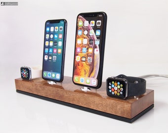 Dual iPhone Dock + Dual Apple Watch Dock, iPhone Charging Station, Dual Dock, iWatch Dock, Handcrafted Quality, Unique Gift