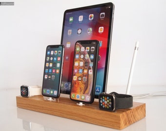 iPhone/iPad/iWatch/AirPods/Android dock - iPhone charging, iPad charging, iPad Air, iPad Pro, Apple Pencil, wooden gadget, cable organizer