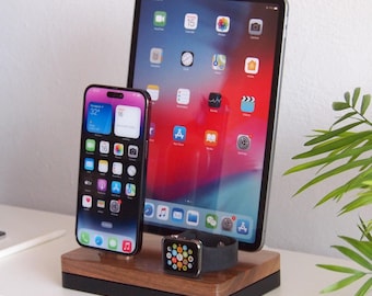 MagSafe Dock + Wired iPad dock + Apple Watch dock, Premium Wooden Charging Station Apple Organizer, Wireless Apple dock, Nightstand Docking
