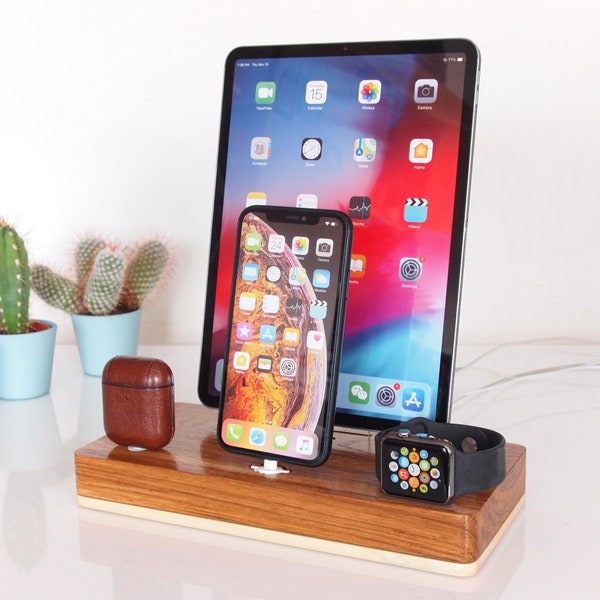 iPhone/iPad/iWatch/AirPods dock, iWatch dock, iPhone dock, iPad 9.7 dock, iPad Air, iPad 10, family gift - dark oak limited series