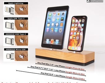 Universal wooden dual docking station - iPhone, iPad, Android, AirPods, iPad 10 dock, iPad Pro dock, Apple organizer, real solid wood