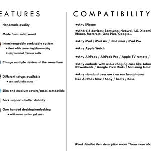 May include: A white graphic with the words "FEATURES" and "COMPATIBILITY" lists product features and device compatibility. Features include handmade quality, solid wood, and interchangeable cord system. Compatible with iPhone, Android devices, iPad, Apple Watch, AirPods, and more.