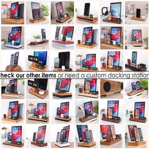 May include: A collage of wooden docking stations for phones, tablets, and smartwatches. Some stations include a clock, speaker, or MagSafe charger. The text "Check our other items or need a custom docking station?" is visible.