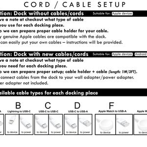 May include: Informational graphic detailing cord and cable setup options for docking stations. Includes options for docks with and without cables, with cable types A through G, including Lightning to USB and USB-C.