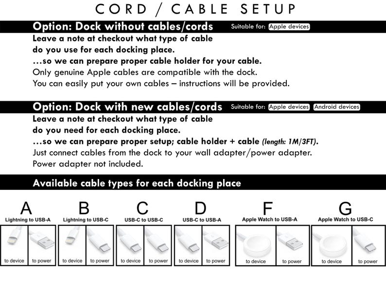 May include: Informational graphic detailing cord and cable setup options for docking stations. Includes options for docks with and without cables, with cable types A through G, including Lightning to USB and USB-C.