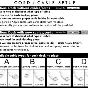 May include: Informational graphic detailing cord and cable setup options for docking stations. Includes options for docks with or without cables, with cable types A, B, C, and D, including Lightning to USB-A, Lightning to USB-C, USB-C to USB-C, and USB-C to USB-A cables.