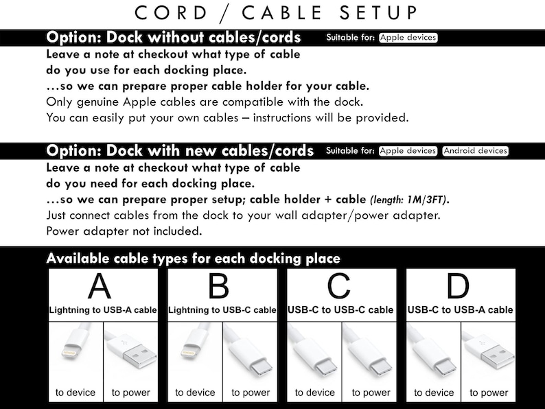 May include: Informational graphic detailing cord and cable setup options for docking stations. Includes options for docks with or without cables, with cable types A, B, C, and D, including Lightning to USB-A, Lightning to USB-C, USB-C to USB-C, and USB-C to USB-A cables.