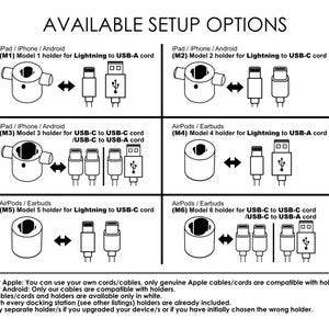 May include: Diagram showing various setup options for iPad, iPhone, and AirPods holders. Includes models for Lightning to USB-A, Lightning to USB-C, and USB-C to USB-C cords. Text at the top reads "AVAILABLE SETUP OPTIONS".