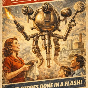 Może przedstawiać: Reklama w stylu retro z robotem sprzątającym. Na plakacie widnieje napis: "MAKE LIFE EASIER! BUY A HANDY! YOUR CHORES DONE IN A FLASH! THE ULTIMATE IN DOMESTIC LUXURY!" Kobieta, mężczyzna i dziecko patrzą na robota.