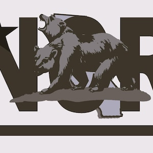 May include: Graphic design featuring the letters "NOR" in dark brown, with a black star and two gray bears. The bears are standing on a brown log, with one bear roaring. The background is light gray.