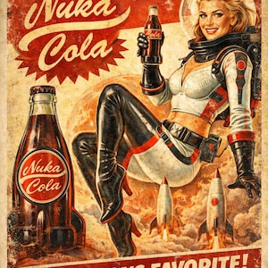 May include: Vintage-style poster featuring a woman in a space suit holding a Nuka Cola bottle. The poster has a retro aesthetic with the text "DRINK! Nuka Cola" and "AMERICA'S FAVORITE!" in bold fonts. Rockets and a planet are in the background.