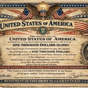May include: A vintage-style United States of America bond certificate, featuring patriotic imagery. The certificate includes text stating "ONE THOUSAND DOLLARS" and the date "July 4, 2076". The design incorporates American flags, an eagle, and a portrait.