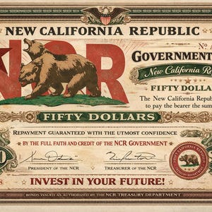 Puede incluir: Un bono del gobierno de la Nueva República de California de estilo vintage, con una ilustración de oso y el texto "FIFTY DOLLARS". El bono tiene una estrella roja y las letras "NCR".