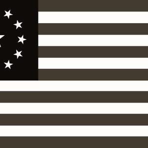 May include: A flag design with alternating brown and white horizontal stripes. The upper left corner features a black rectangle with a circle of white stars surrounding a larger white star.