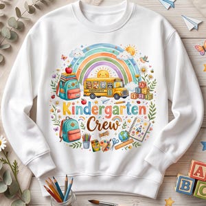 Kindergarten Crew PNG Sublimation, First Day of Kindergarten Shirt Design, Back to School Watercolor PNG, Cute School Bus Kids DTF Design