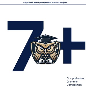 Op de afbeelding: Een wit educatief beoordelingsblad met de titel "7+ Mini Diagnostic Assessment" in marineblauw. Een uil met een afstudeerhoed staat in het midden. De beoordeling omvat begrip, grammatica, compositie en wiskunde.