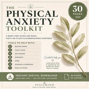 May include: A digital document titled The Physical Anxiety Toolkit, a 30-page guide for panic and overwhelm. It lists tools for racing heart, tight chest, air hunger, dizziness, DPDR, shaking, and panic attacks, featuring a green leaf illustration.