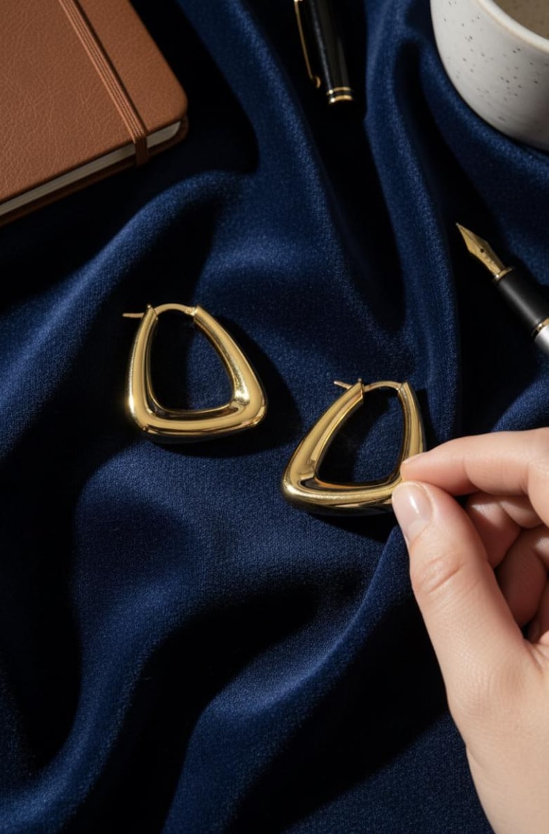 K&ouml;nnte beinhalten: Ein Paar goldfarbene, dreieckige Creolen. Die Ohrringe werden auf einem dunkelblauen, seidigen Stoff pr&auml;sentiert. Eine Hand h&auml;lt einen der Ohrringe. Ein braunes Notizbuch, ein Stift und eine Kaffeetasse befinden sich im Hintergrund.