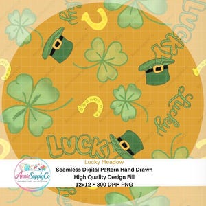May include: A digital pattern with a St. Patrick's Day theme. The design features green shamrocks, leprechaun hats, and horseshoes on a yellow background. The word "Lucky" is written in a script font. The text "Lucky Meadow" is also included.