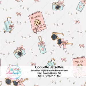 May include: A seamless pattern featuring travel-themed illustrations. The design includes a light blue suitcase, passport, camera, sunglasses, and luggage tag, all adorned with pink bows. The background is white with small diamond shapes.