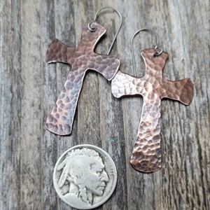 Copper Cross Dangle Earrings, Drop Earrings, Cross Earrings, Hammered Cross Earrings