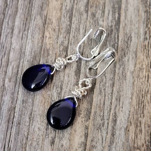 Cobalt Blue Clip On Earrings, Clip on Earrings, Silver Earrings, Cobalt Blue Dangle Earrings, Wire Wrapped Briolette Earrings, Boho Hippie