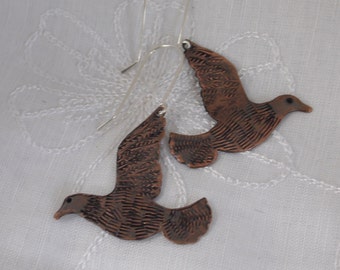 Love Bird Earrings, Copper Textured Bird Earrings