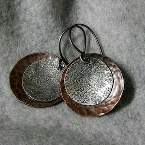 Silver and Copper Earrings, Mixed Metal Earrings, Sterling Silver Earrings, Circle Dangle, Boho Earrings, Earthy and Organic