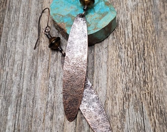 Long Antique Copper Dangle Earrings, Czech Glass Beads