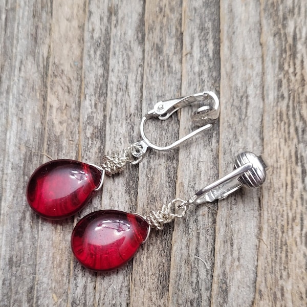 Red Clip On Earrings, Clip on Earrings, Silver Earrings, Crimson Red Dangle Earrings, Wire Wrapped Briolette Earrings, Boho Hippie CherryRed