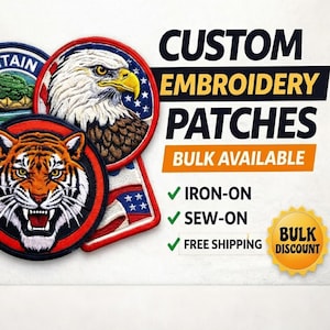 May include: A collection of custom embroidery patches featuring a mountain scene, a tiger, and an American bald eagle. The patches are iron-on and sew-on, with the text "CUSTOM EMBROIDERY PATCHES" and "BULK AVAILABLE".