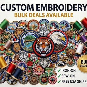 May include: A collection of embroidered patches with various designs, including a tiger, eagle, bear, and wolf. The patches are in different shapes and colors, with the text "CUSTOM EMBROIDERY" at the top. The image also includes spools of thread.