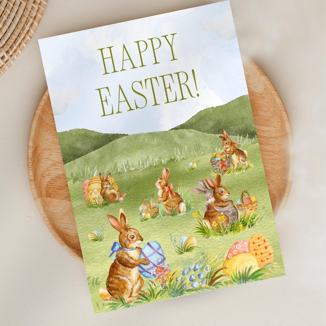 Happy Easter Card Template, Colorful Bunny and Easter Eggs Card ...