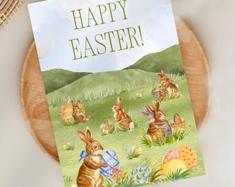 Happy Easter Card Template, Colorful Bunny and Easter Eggs Card, Printable Spring Holiday Greeting, Digital Download