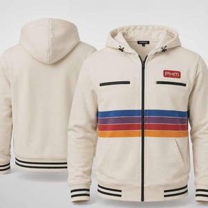 May include: An off-white zip-up hoodie featuring a horizontal stripe pattern in blue, purple, red, and orange across the chest. The garment includes a black front zipper, two zippered chest pockets, a hood with drawstrings, and black striped cuffs.