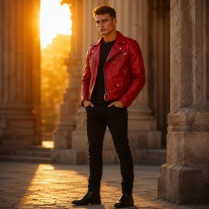 Puede incluir: Una chaqueta de cuero roja brillante para motocicleta con cremalleras plateadas y un cinturón en la cintura, usada sobre una camiseta negra lisa y combinada con pantalones negros ajustados y botas de cuero negro.